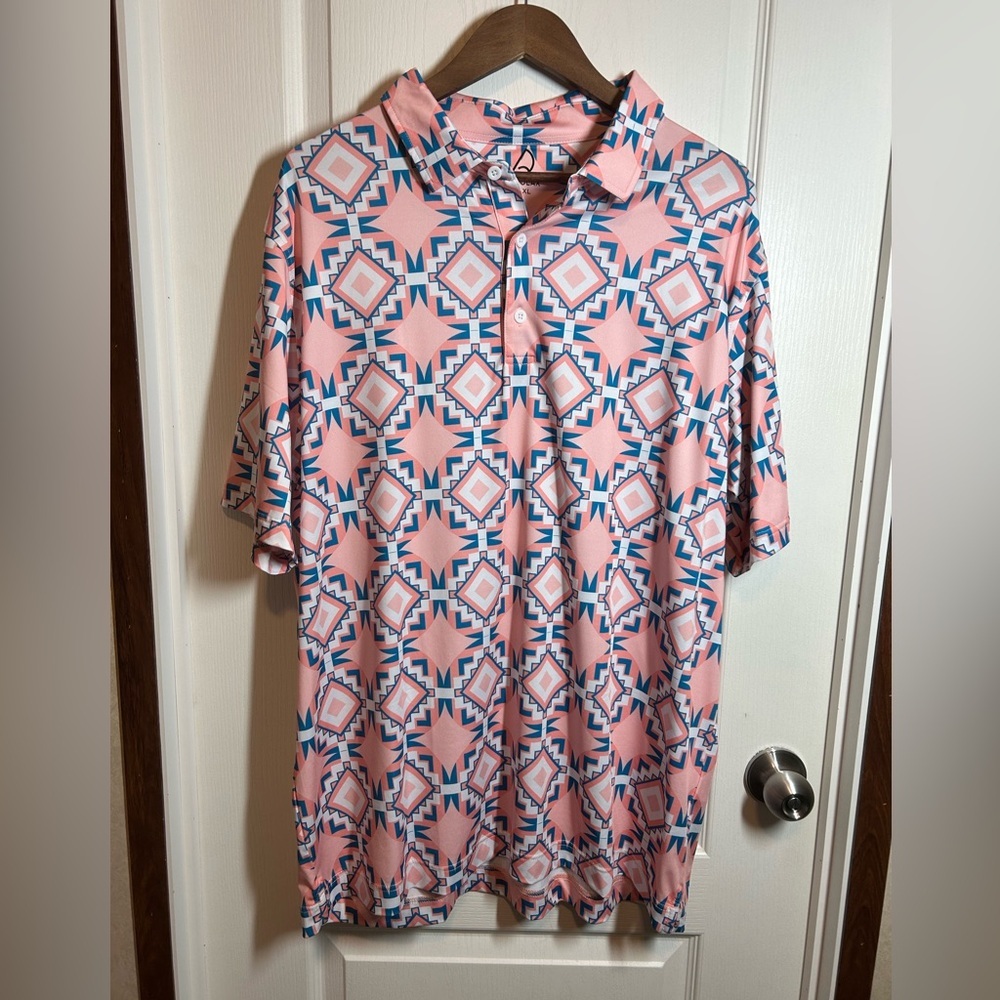 Deolax Geometric Pink and Blue Men's Polo Shirt - Size XXL - EUC